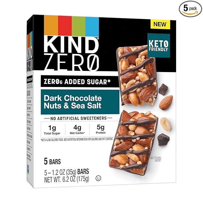#3 KIND ZERO Added Sugar Bars – Dark Chocolate Nuts & Sea Salt, Keto-Friendly, Gluten-Free, 4g Net Carbs, 5g Protein – 5 Count