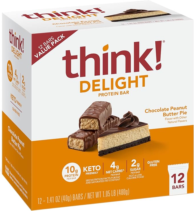 #6 think! Delight Protein Bars – Chocolate Peanut Butter Pie, Keto-Friendly, Gluten-Free, 2g Net Carbs, 10g Protein – 12 Pack