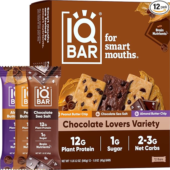 #2 IQBAR Brain and Body Plant Protein Bars – Chocolate Lovers Variety, 12-Count – Low Carb, Gluten-Free, Vegan, Keto-Friendly, High Fiber