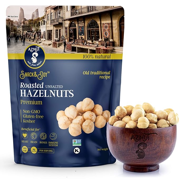 Roasted Hazelnuts - Unsalted, Non-GMO Kosher Certified, 16oz - Premium Skinless Hazelnuts