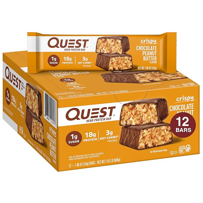 #4 Quest Nutrition Crispy Chocolate Peanut Butter Hero Protein Bar – 18g Protein, 3g Net Carbs, 1g Sugar, Gluten-Free, Keto-Friendly – 12 Pack