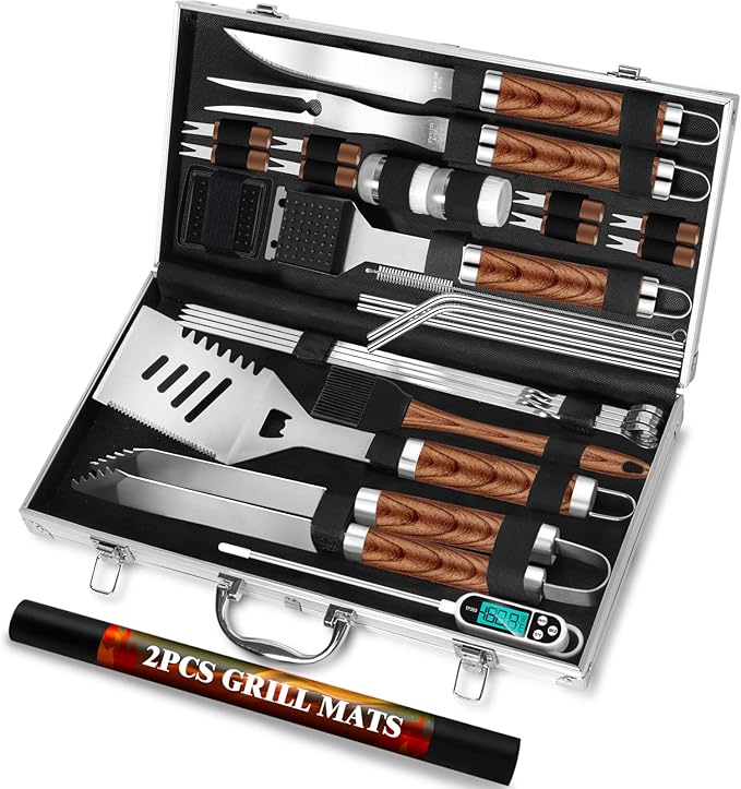 ROMANTICIST 30-piece BBQ grill tool set with thermometer, utensils, and aluminum case