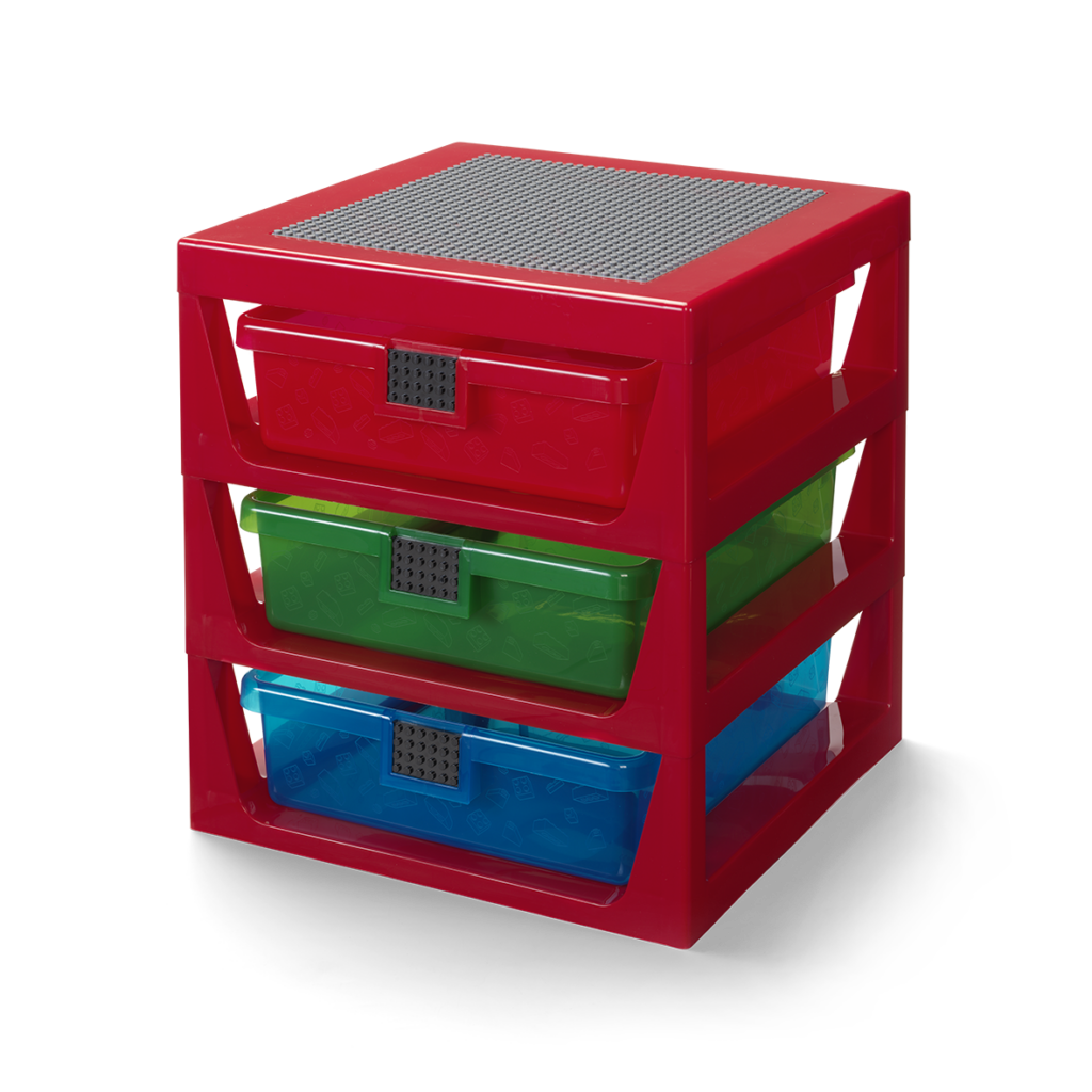 Red LEGO 3-Drawer Storage Rack with three translucent drawers and a studded building top